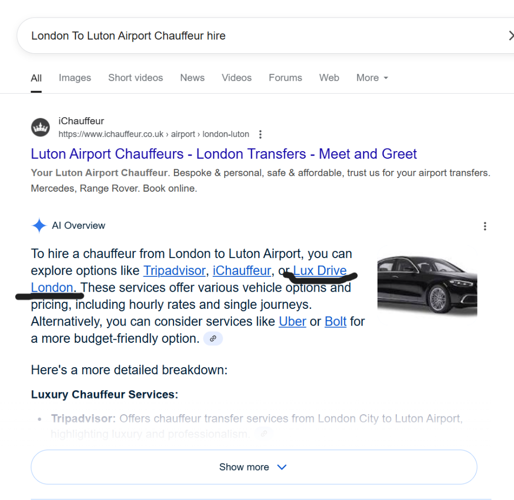 Image showing our client chauffeur company rank in AI overview getting more conversions through best on page services